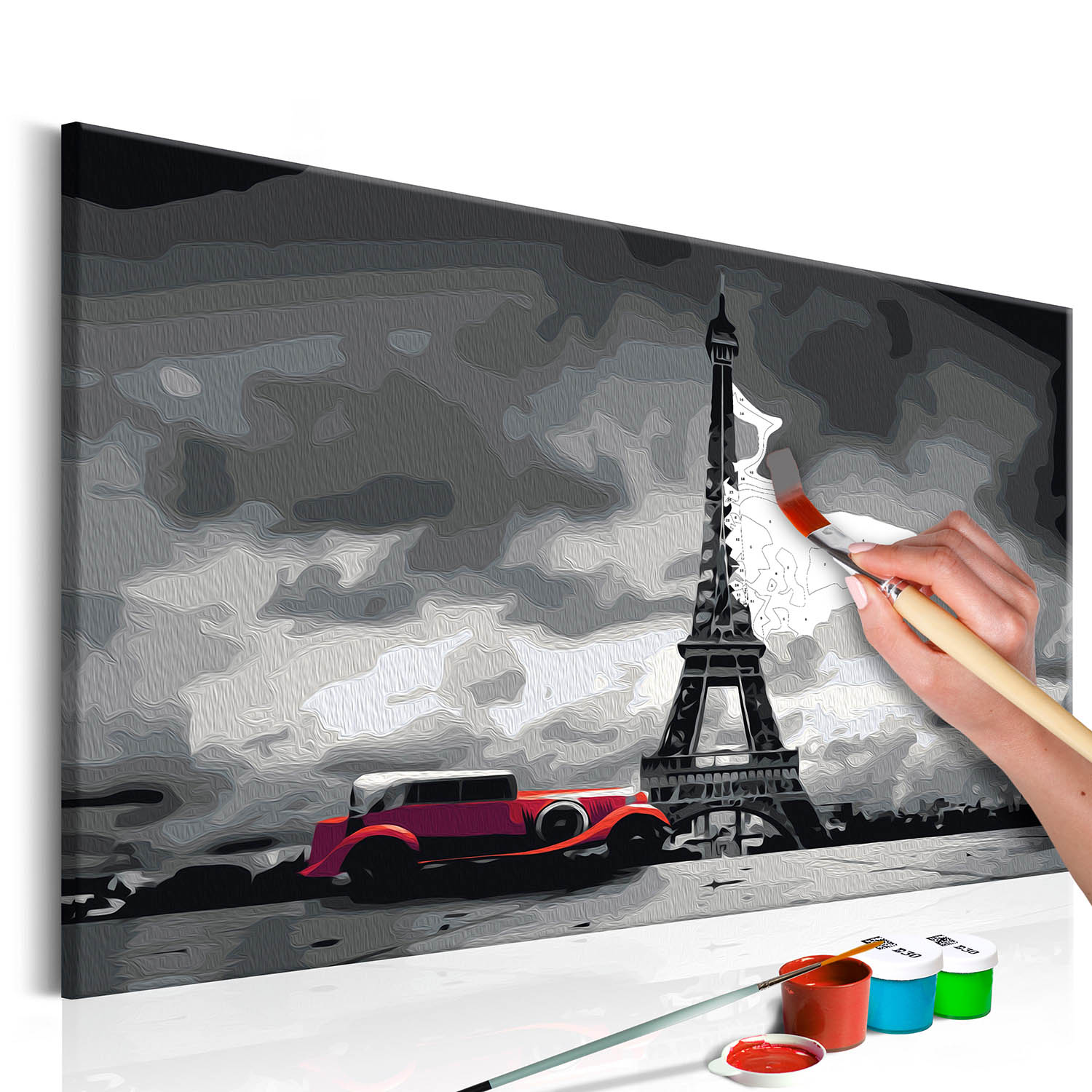 ARTGEIST DIY lærred maleri - Paris, Eiffeltårnet og rød limosine, Málisett til vaksin -