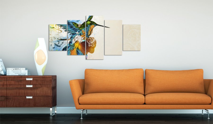 ARTGEIST Bird's music - Abstrakt billede af farverig kolibri trykt p lrred - Flere strrelser