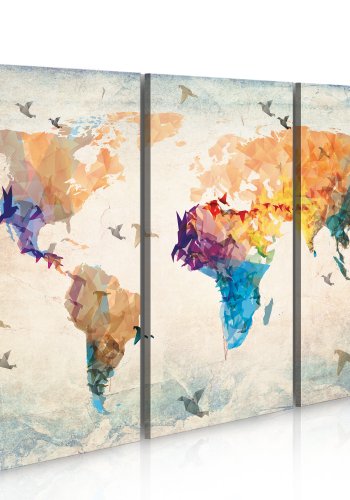 ARTGEIST - Geometrisk verdenskort med fugle trykt p lrred, 3-delt - Flere strrelser