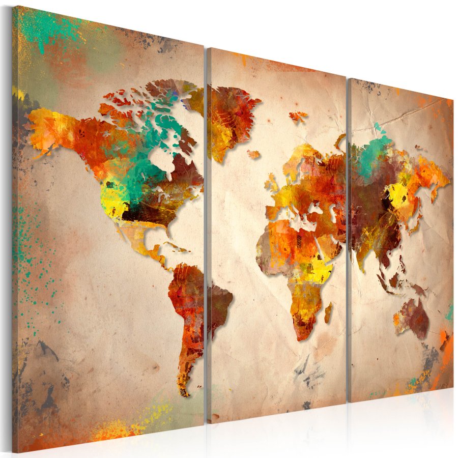 ARTGEIST Painted World - Verdenskort i farverigt design trykt p lrred, 3-delt - Flere strrelser