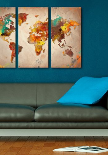 ARTGEIST Painted World - Verdenskort i farverigt design trykt p lrred, 3-delt - Flere strrelser