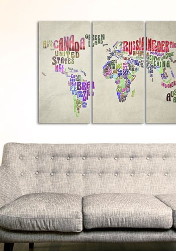 ARTGEIST Global Tourné - Verdenskort med landenavne trykt p lrred, 3-delt - Flere strrelser