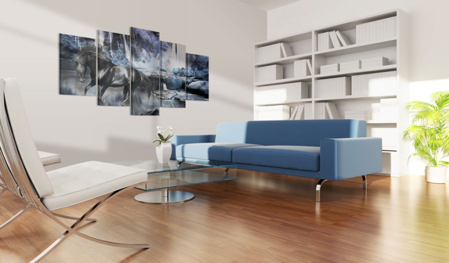 ARTGEIST Azure waterfall - Billede af sort hest foran et vandfald trykt p lrred - Flere strrelser