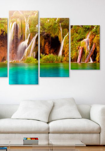 ARTGEIST Forest waterfall - Billede af et vandfald midt i skoven trykt p lrred - Flere strrelser