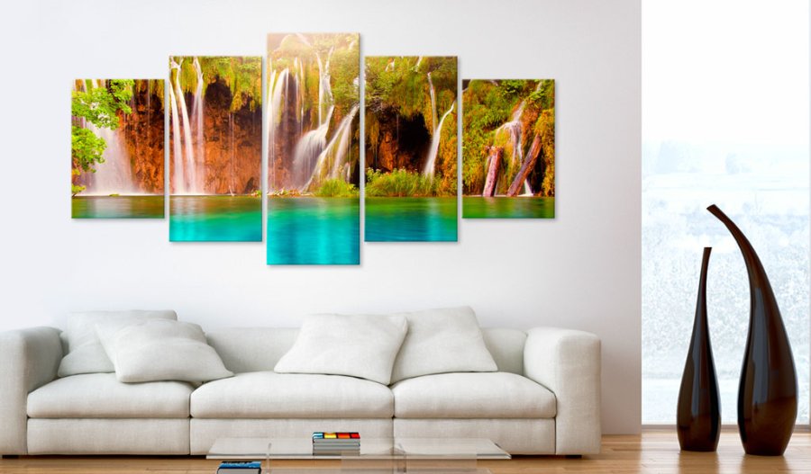 ARTGEIST Forest waterfall - Billede af et vandfald midt i skoven trykt p lrred - Flere strrelser