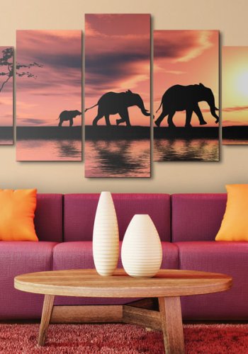 ARTGEIST African elephants family - Elefanter i solnedgangen trykt p lrred - Flere strrelser