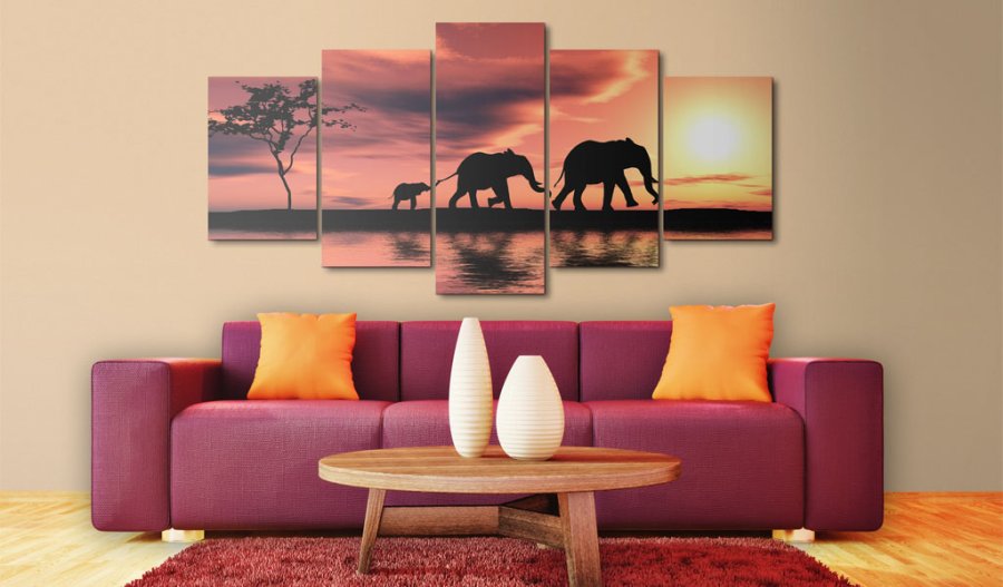 ARTGEIST African elephants family - Elefanter i solnedgangen trykt p lrred - Flere strrelser