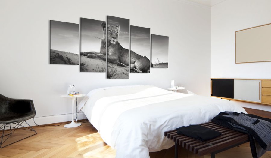 ARTGEIST Lioness in a desert - Sort/hvid billede af lvinde trykt p lrred - Flere strrelser