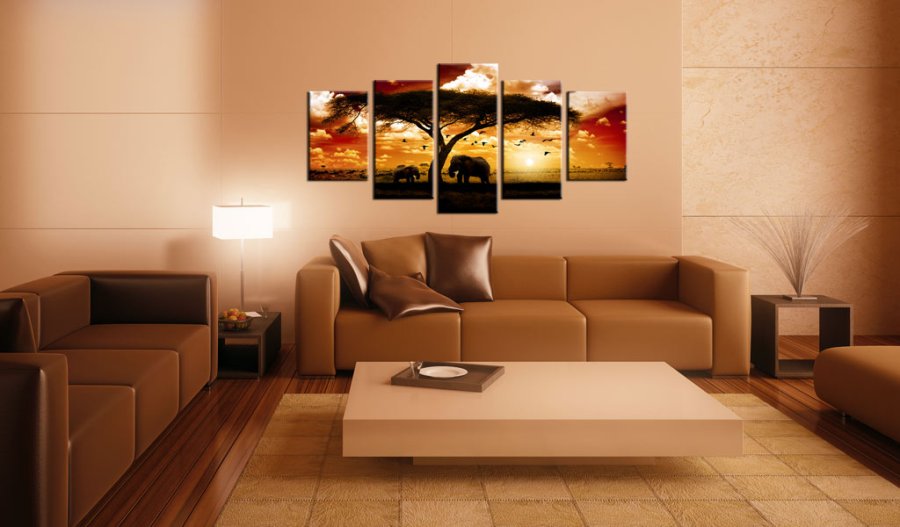 ARTGESIT - Flok af fugle i solnedgangen over savannen trykt p lrred - Flere strrelser