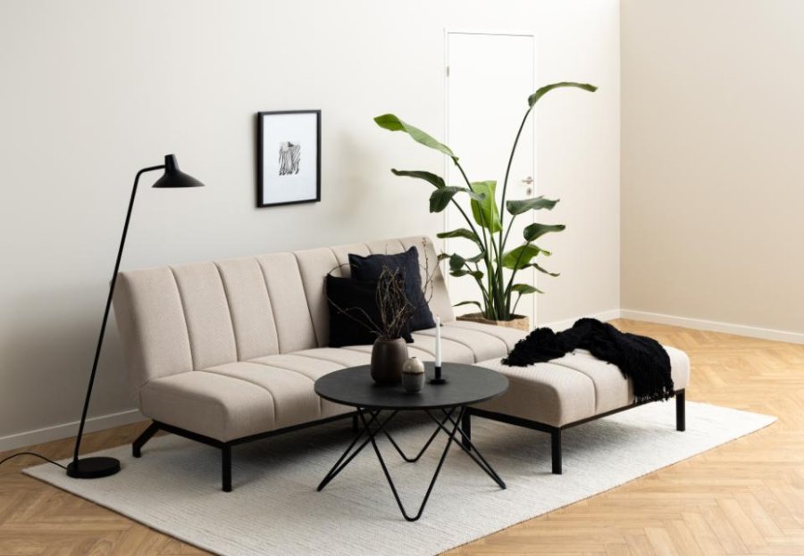 ACT NORDIC Caix skammel, m. lodret syning, rektangulr - beige stof og sort stl (100x61)