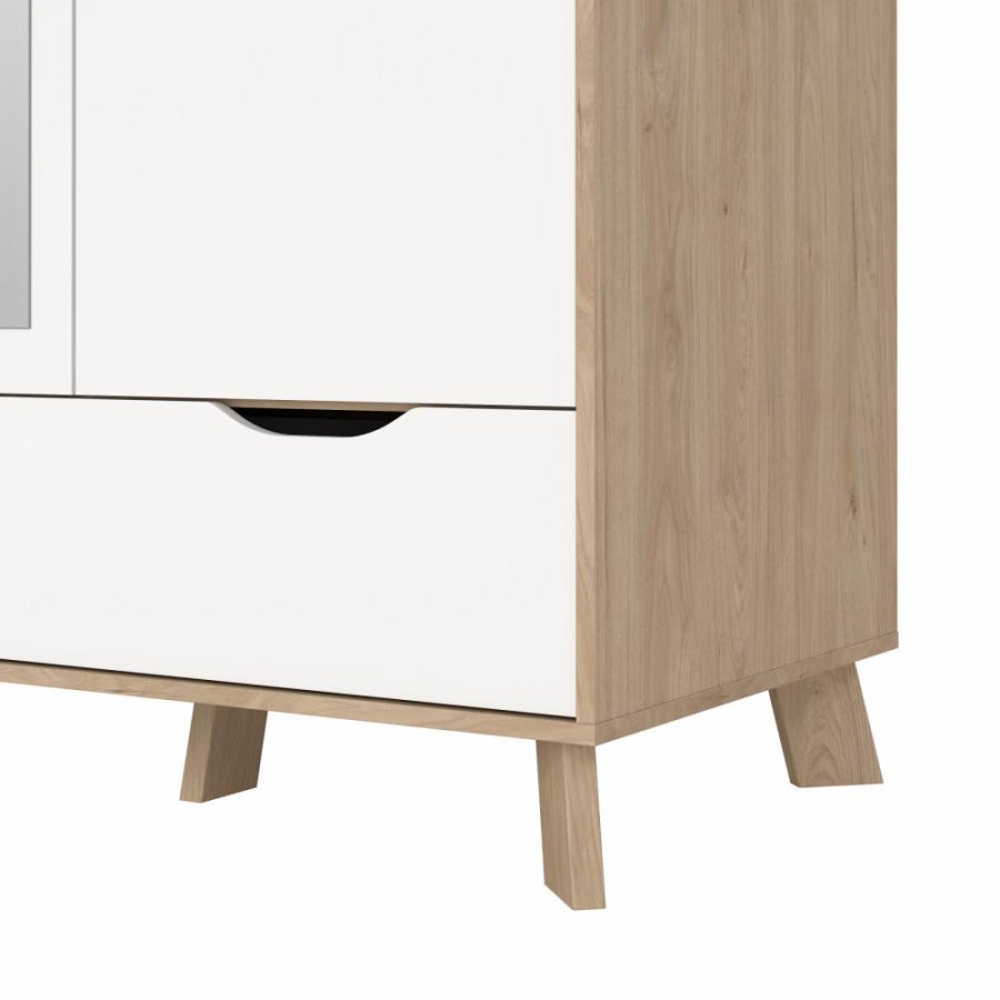 TVILUM Ikast Garderobeskab med 2 dre + 1 spejldr + 2 skuffer, Jackson Hickory/Hvid, 147,2 x 58,1 x 201 cm
