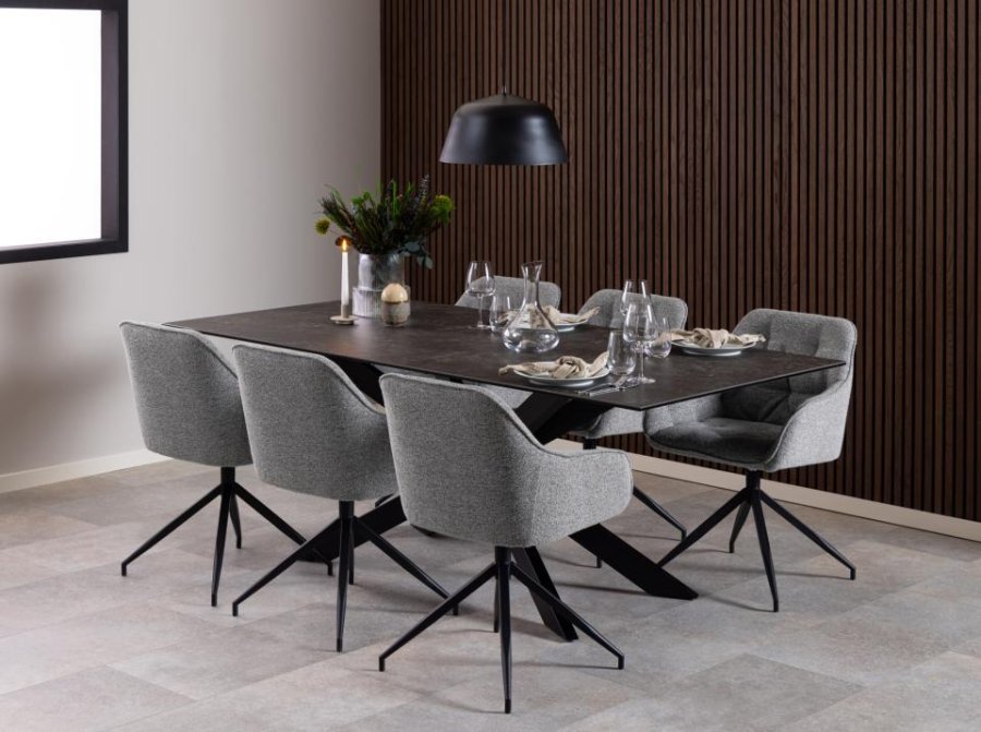 ACT NORDIC Brooke spisebordsstol, m. armln, drejefunktion, syninger - gr stof og sort stl