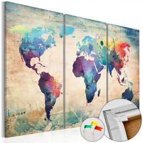 Artgeist verdenskort p lrred - Rainbow Map, kork og genbrugstr, 3-delt - flere strrelser 