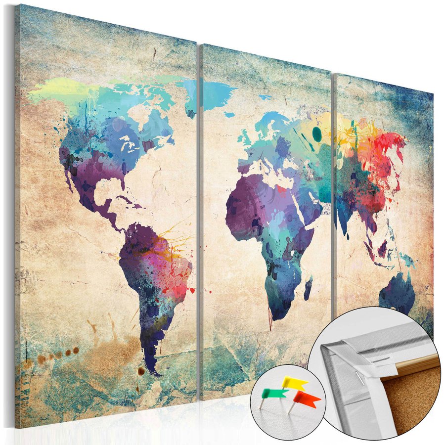 Artgeist verdenskort p lrred - Rainbow Map, kork og genbrugstr, 3-delt - flere strrelser 