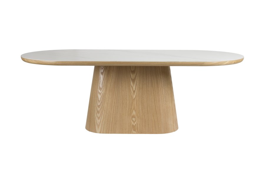 WHITE LABEL LIVING Almira spisebord, oval - snehvid mat sintret sten og egetr papirfinér (200x90)