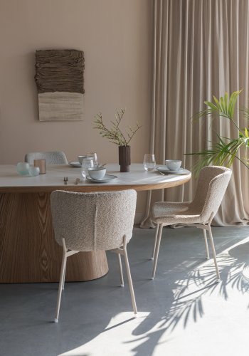 WHITE LABEL LIVING Almira spisebord, oval - snehvid mat sintret sten og egetr papirfinér (200x90)