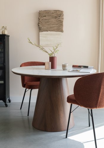 WHITE LABEL LIVING Almira spisebord, rund - snehvid mat sintret sten og valnd papirfinér (115)