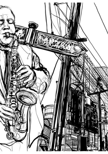 ARTGEIST Fototapet - Saxophone recital on Broadway, Animeret saxofonspiller (flere strrelser)