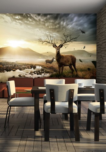 ARTGEIST - Fototapet med hjorte i smukt landskab og bjerge i baggrunden - Flere strrelser