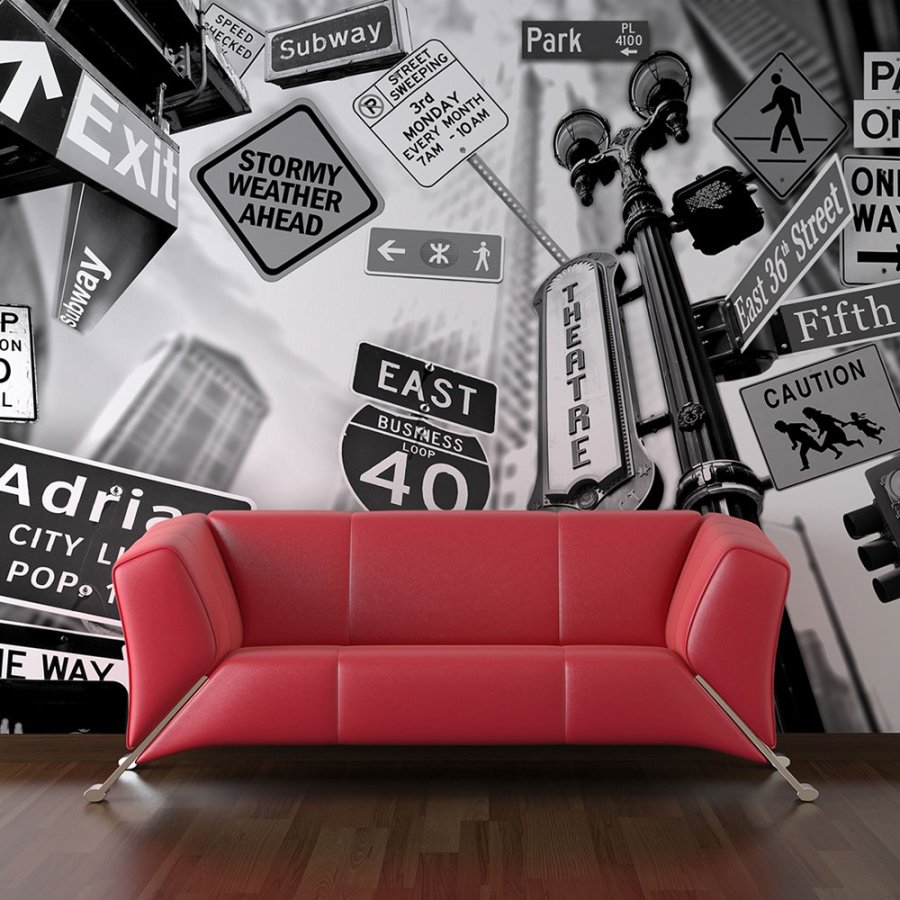 ARTGEIST - Fototapet med amerikanske skilte i New York i sort/hvid - Flere strrelser