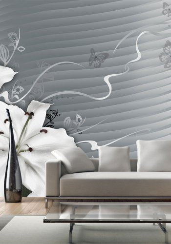 ARTGEIST Elegant fototapet i et moderne abstrakt gr-hvidt mnster med hvide blomster