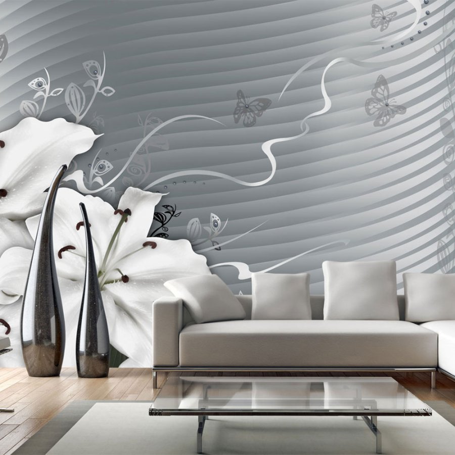 ARTGEIST Elegant fototapet i et moderne abstrakt gr-hvidt mnster med hvide blomster