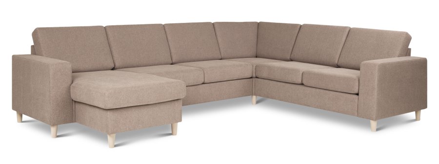 Pan set 6 U 2C3D sofa med chaiselong - antelope beige polyester stof og natur tr
