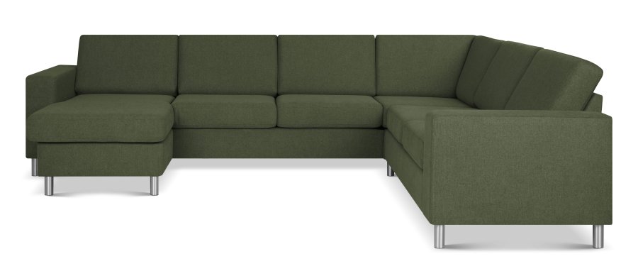 Pan set 6 U 2C3D sofa med chaiselong - vinter mosgrn polyester stof og brstet aluminium