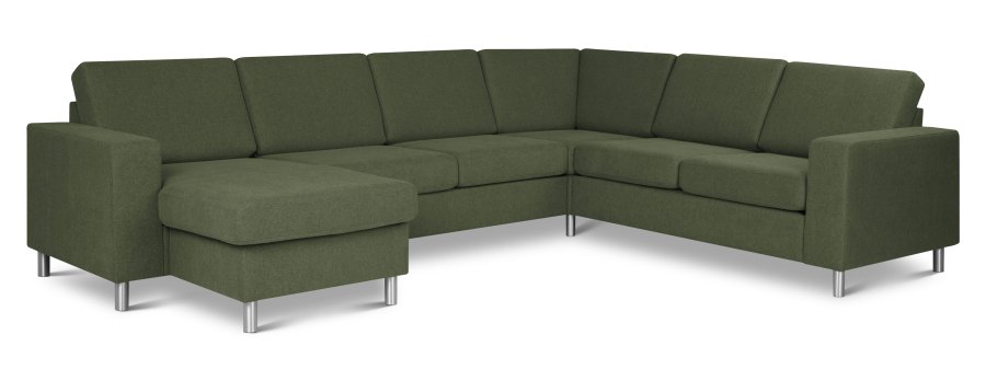 Pan set 6 U 2C3D sofa med chaiselong - vinter mosgrn polyester stof og brstet aluminium
