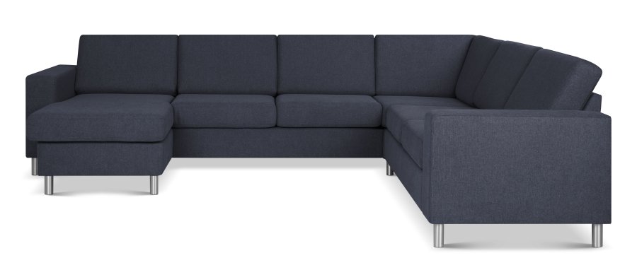 Pan set 6 U 2C3D sofa med chaiselong - bl polyester stof og brstet aluminium