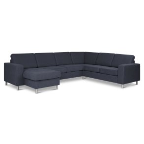 Pan set 6 U 2C3D sofa med chaiselong - bl polyester stof og brstet aluminium