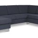 Pan set 6 U 2C3D sofa med chaiselong - bl polyester stof og brstet aluminium