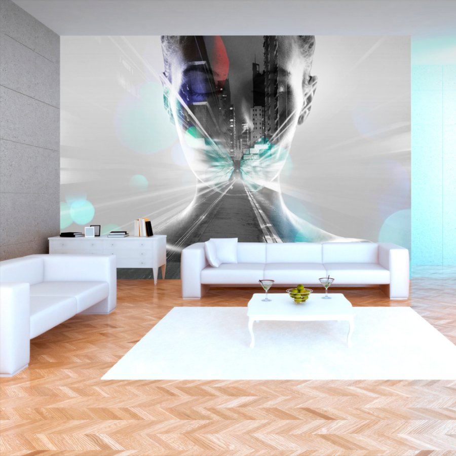 ARTGEIST Grafisk fototapet med motiv af storby og kvinde - sort-hvid (flere strrelser)