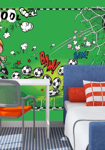 ARTGEIST Fototapet med illustration af fodboldspiller og fodbold p grn baggrund (flere strrelser)