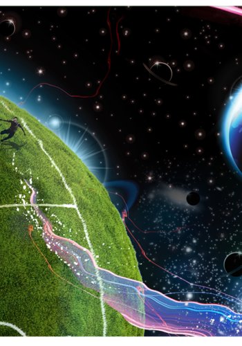 ARTGEIST Fototapet med motiv af fodboldkamp og planeter i rummet (flere strrelser)