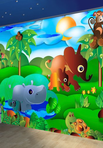 ARTGEIST Farverig fototapet med grafisk illustration af dyrefamilie og dyrebrn (flere strrelser)