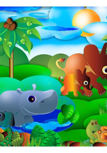 ARTGEIST Farverig fototapet med grafisk illustration af dyrefamilie og dyrebrn (flere strrelser)