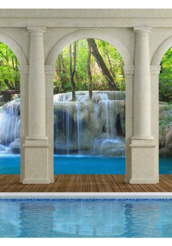 ARTGEIST Natur fototapet med arkitektur og udsigt til vandfald i fredfyldt skov (flere strrelser)