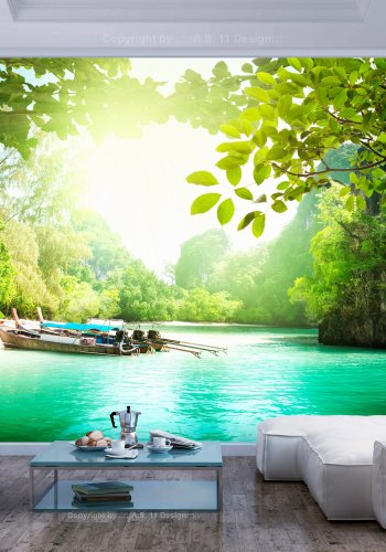 ARTGEIST Natur fototapet med udsigt til bde p flod og bjerge i tropisk skov (flere strrelser)