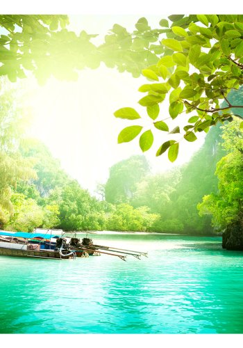 ARTGEIST Natur fototapet med udsigt til bde p flod og bjerge i tropisk skov (flere strrelser)