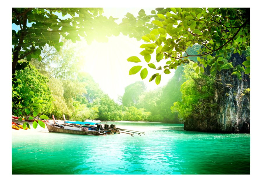 ARTGEIST Natur fototapet med udsigt til bde p flod og bjerge i tropisk skov (flere strrelser)