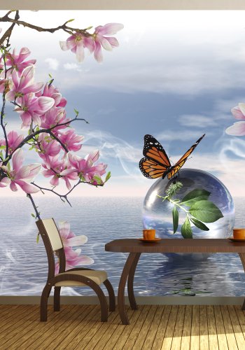 ARTGEIST Natur fototapet med motiv af kirsebrtr og sommerfugl p boble i havet (flere strrelser)