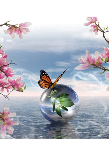 ARTGEIST Natur fototapet med motiv af kirsebrtr og sommerfugl p boble i havet (flere strrelser)