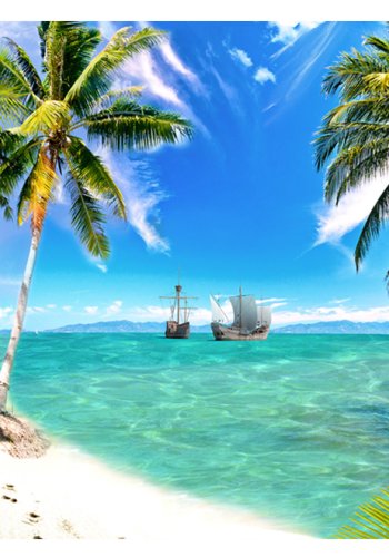 ARTGEIST Natur fototapet med motiv af skibe p hav og palmetrer p tropisk  (flere strrelser)