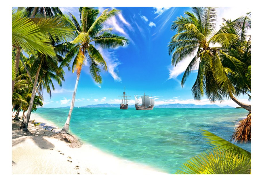 ARTGEIST Natur fototapet med motiv af skibe p hav og palmetrer p tropisk  (flere strrelser)