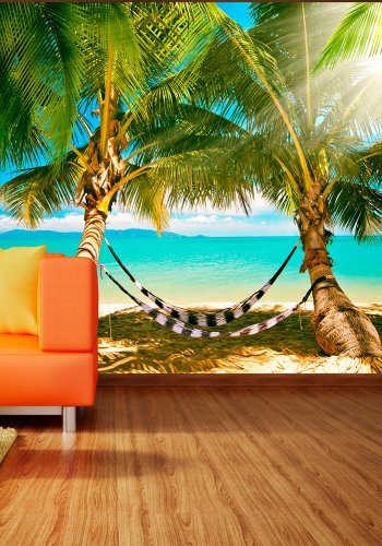 ARTGEIST Fototapet med motiv af hngekjer i solstrle under palmetrer p strand (flere strrelser)