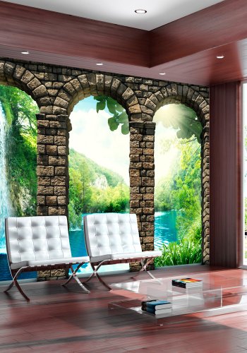 ARTGEIST Fototapet med motiv af arkitektur og udsigt til flod, skov og vandfald (flere strrelser)