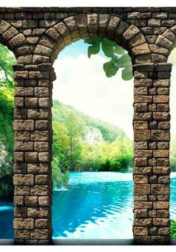 ARTGEIST Fototapet med motiv af arkitektur og udsigt til flod, skov og vandfald (flere strrelser)