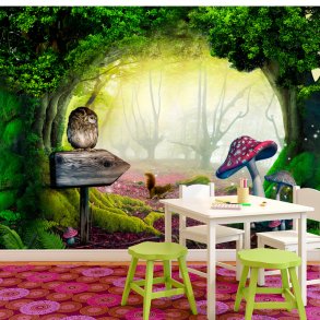 ARTGEIST Natur fototapet med ugle p skilt og egern i fortryllende magisk skov (flere strrelser)