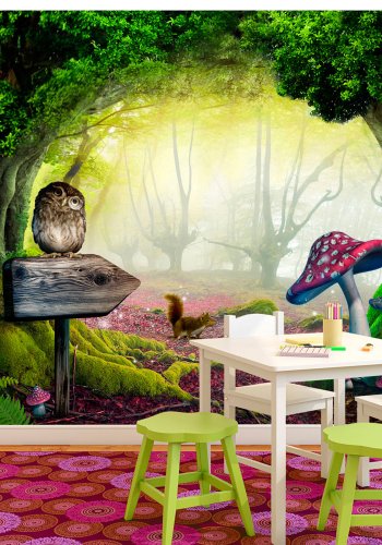ARTGEIST Natur fototapet med ugle p skilt og egern i fortryllende magisk skov (flere strrelser)
